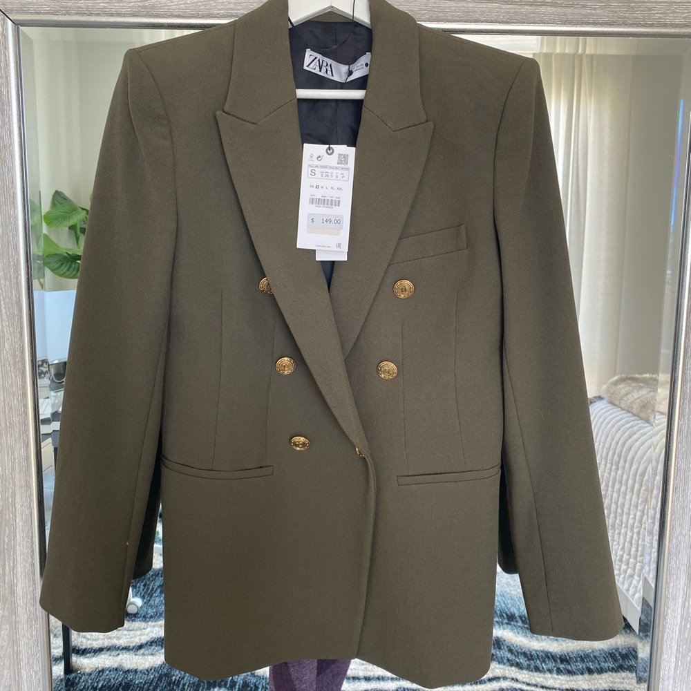 Zara Dark Military Green Blazer Gold Button NEW w/ Tags